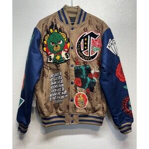 Reason Paper Chaser Chenille Bomber Jacket Mens Small Khaki Patched Varsity
